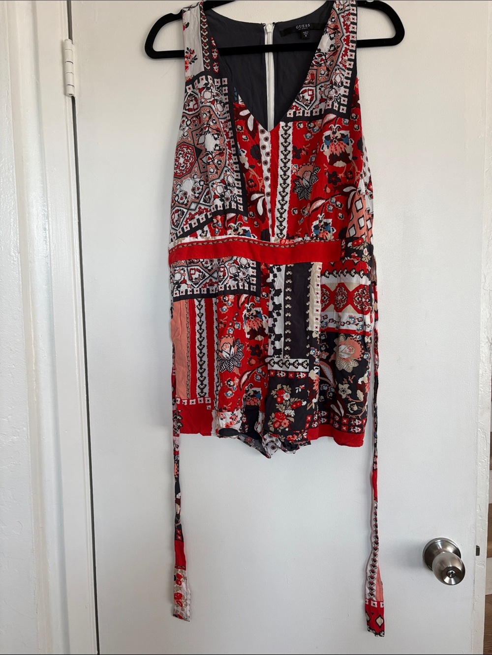 Guess Red and Black Patchwork Print Sleeveless Romper M